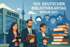 100. Deutscher Bibliothekartag – Illustration mit Estrel Convention Center, Bibliothekarinnen und digitalen Icons für Zukunft der Bibliotheken