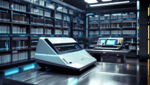 Mikrofilmscanner im praktischen Einsatz in einer Bibliothek.