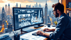 Ein Architekt, der an einem Computer Vektorisierungsarbeiten an großformatigen Zeichnungen durchführt.