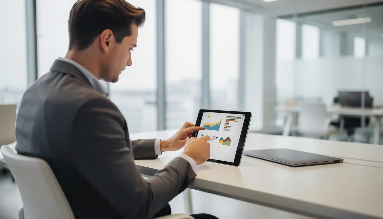 Ein Geschäftsmann analysiert Daten auf einem Tablet in einem modernen Arbeitsumfeld. Um ihn herum sind digitale Dokumente und Belege sichtbar, die auf die Digitalisierung von Rechnungen und effizientes Rechnungsmanagement hinweisen.