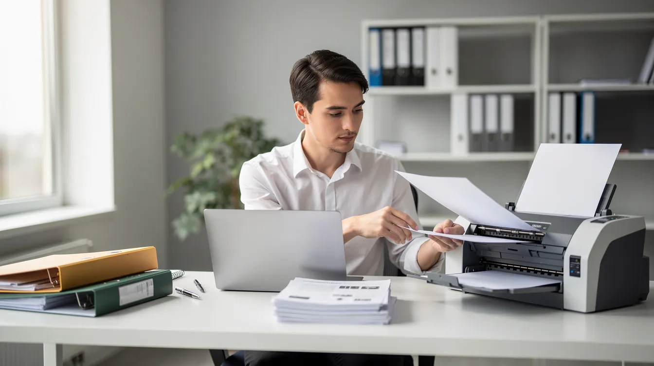 Eine Person sitzt an einem modernen Arbeitsplatz, umgeben von Dokumenten und einem Scanner, der für die Digitalisierung von Akten genutzt wird. Der Arbeitsplatz symbolisiert die Effizienz und die Herausforderungen des Dokumentenmanagements in Unternehmen, während die Person aktiv an der Verwaltung und Archivierung von Unterlagen arbeitet.